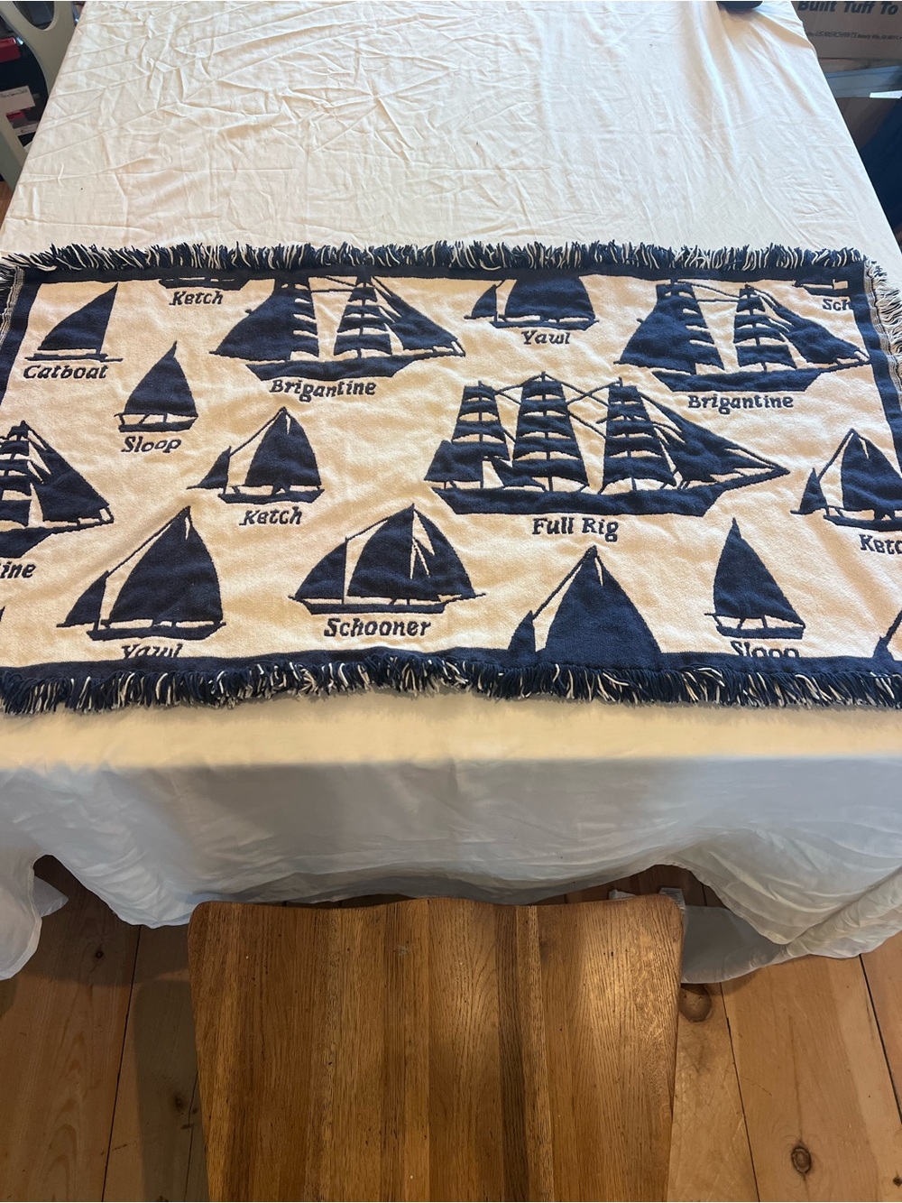 Nautical Sailboat Woven Fringed Bed Throw Blanket, Blue/White 42 x 24"